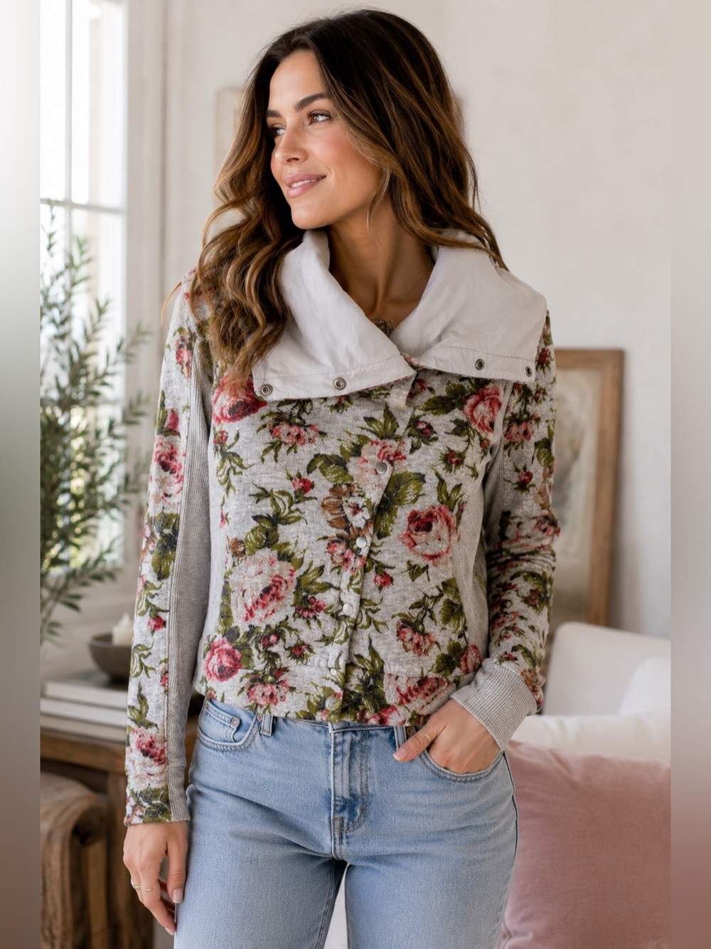 Saturday Sunday Grey Floral Cowl Neck Hoodie Sweatshirt Size XS Boho Cottagecore